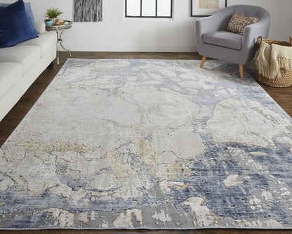 10' X 13' Ivory And Blue Abstract Power Loom Distressed Area Rug