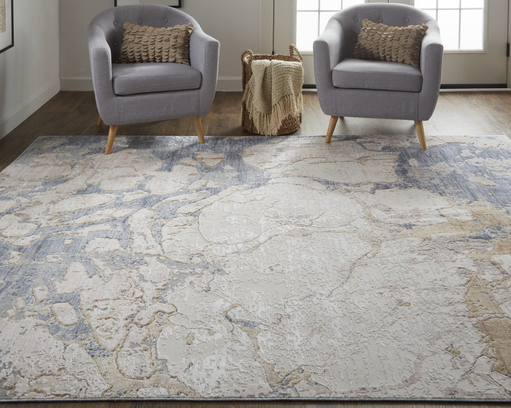 10' X 13' Ivory And Blue Abstract Power Loom Distressed Area Rug