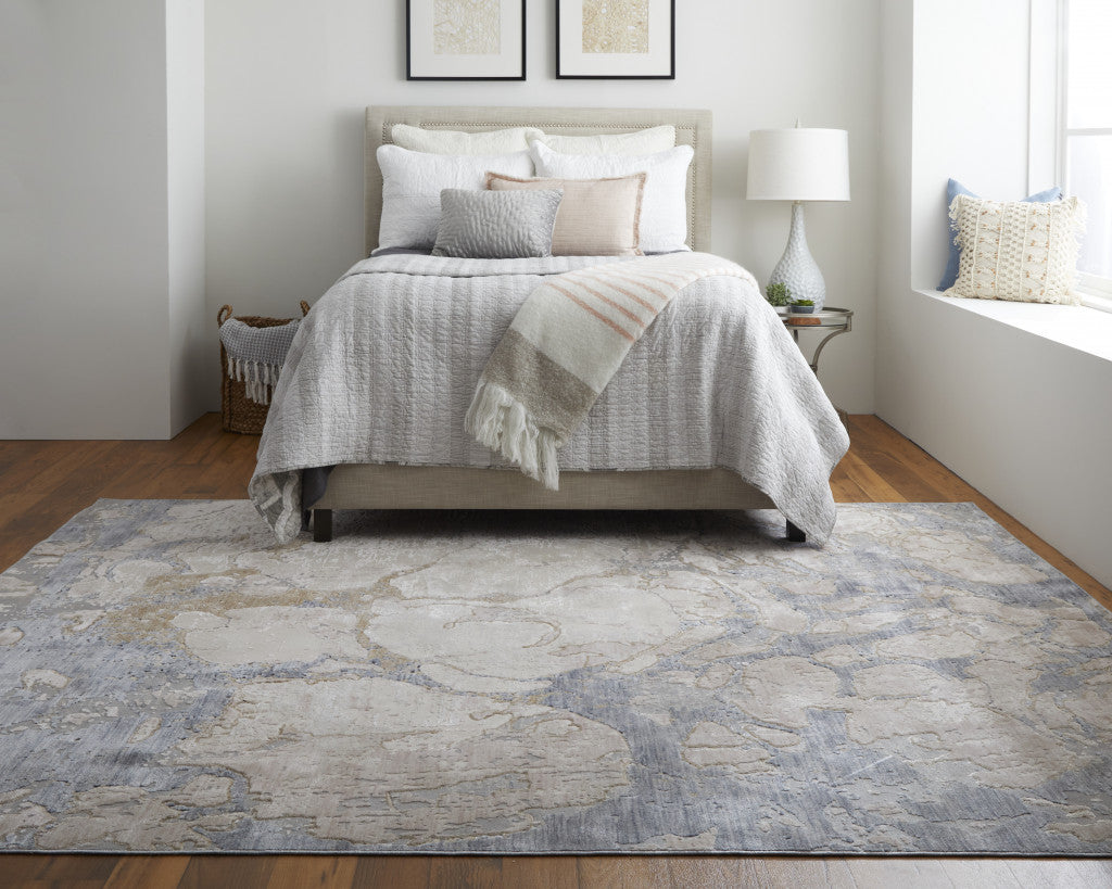 10' X 13' Ivory And Blue Abstract Power Loom Distressed Area Rug