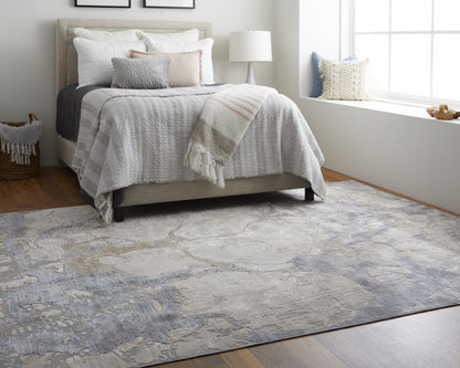 10' X 13' Ivory And Blue Abstract Power Loom Distressed Area Rug