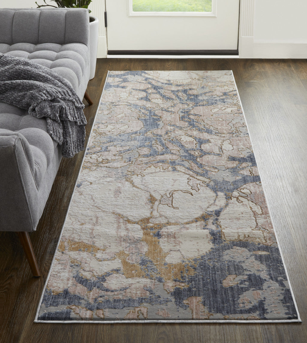 10' X 13' Ivory And Blue Abstract Power Loom Distressed Area Rug