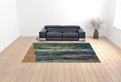 10' X 13' Blue Green And Taupe Stain Resistant Area Rug