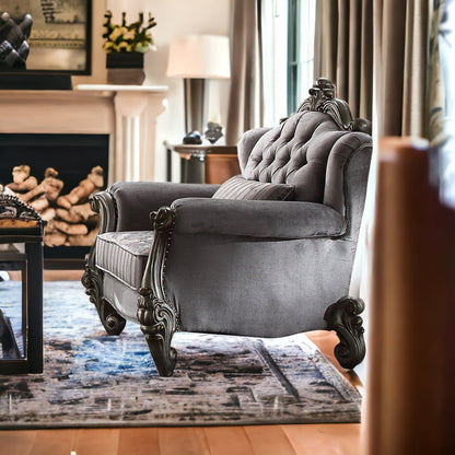 44" Gray And Platinum Velvet Floral Tufted Club Chair