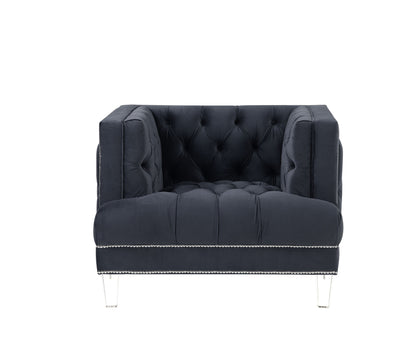 41" Charcoal Velvet And Black Tufted Arm Chair