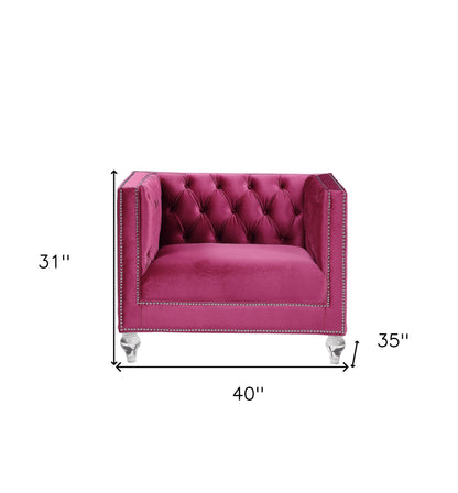 40" Burgundy Velvet And Black Tufted Arm Chair