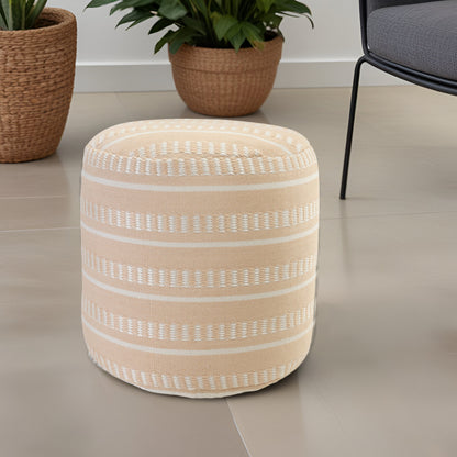 20" Brown Polyester Round Striped Indoor Outdoor Pouf Ottoman