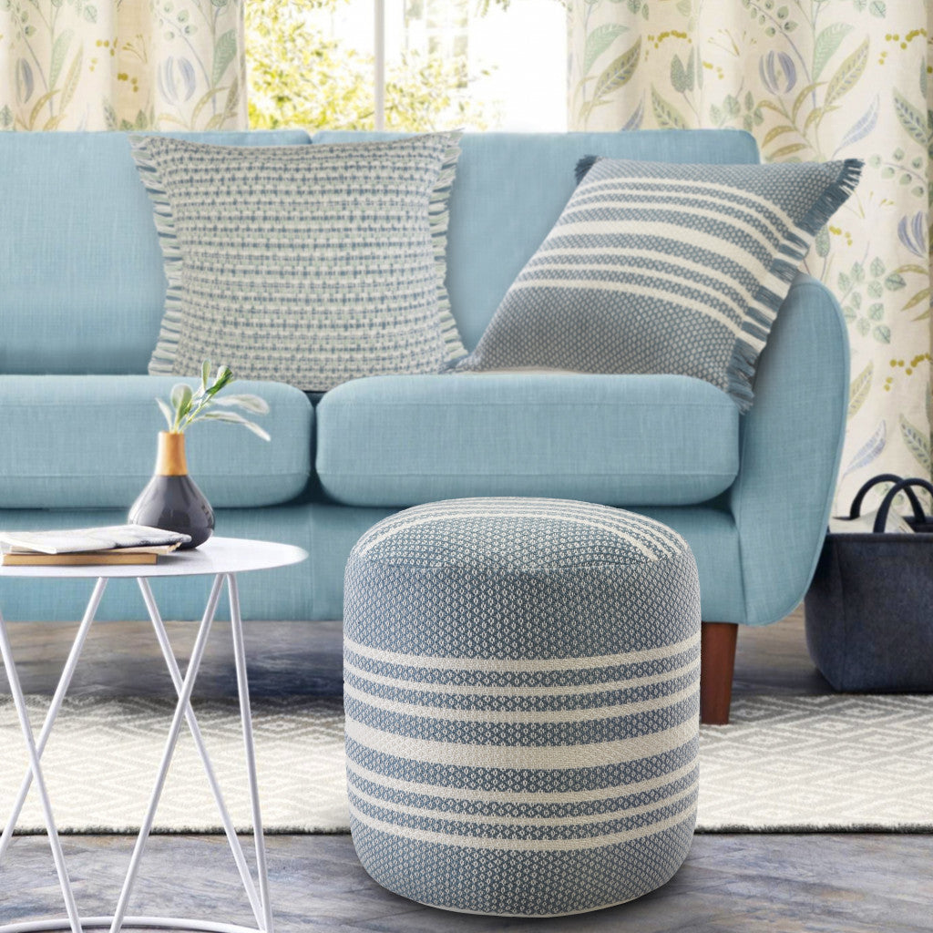 20" Blue Polyester Round Striped Indoor Outdoor Pouf Ottoman