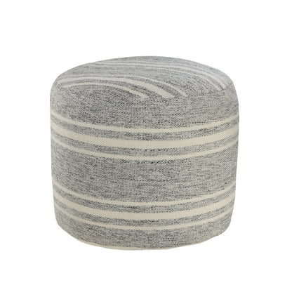 18" Gray Polyester Round Striped Indoor Outdoor Pouf Ottoman