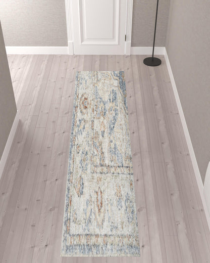 10' Denim Blue Oriental Power Loom Washable Runner Rug