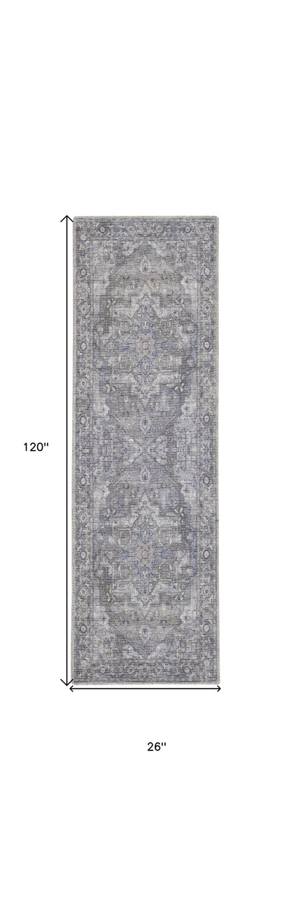 10' Gray Floral Power Loom Distressed Washable Runner Rug