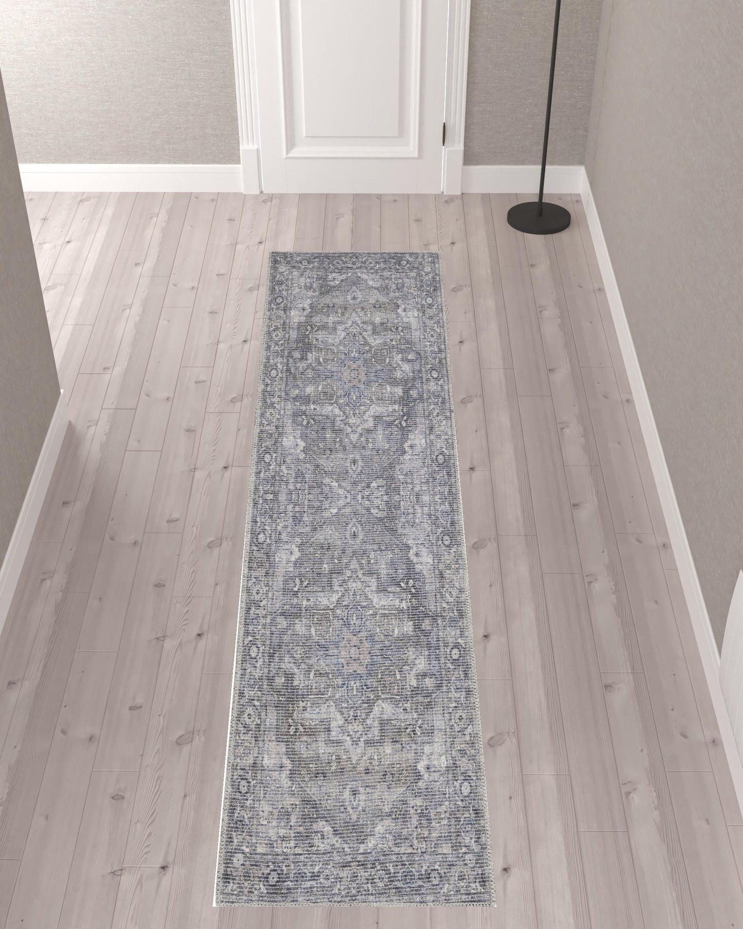 10' Gray Floral Power Loom Distressed Washable Runner Rug