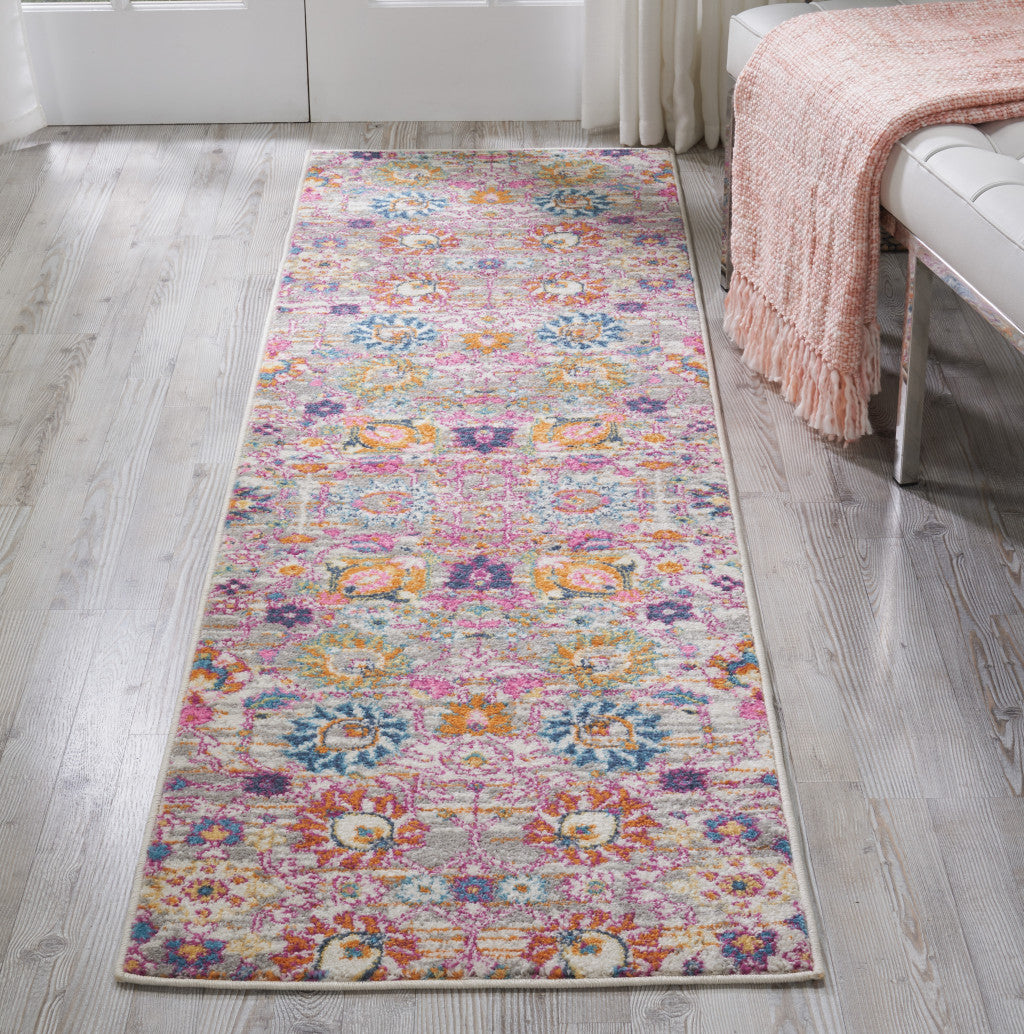 10' Gray Floral Power Loom Runner Rug