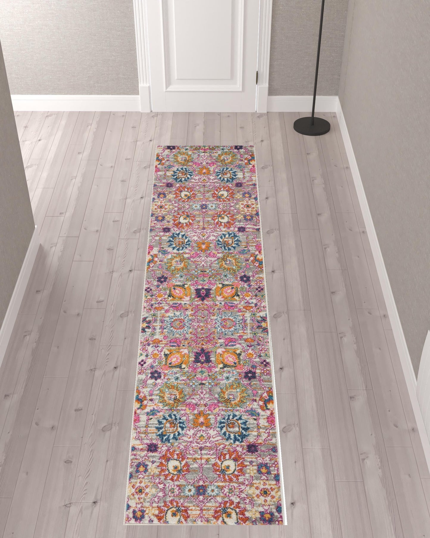 10' Gray Floral Power Loom Runner Rug