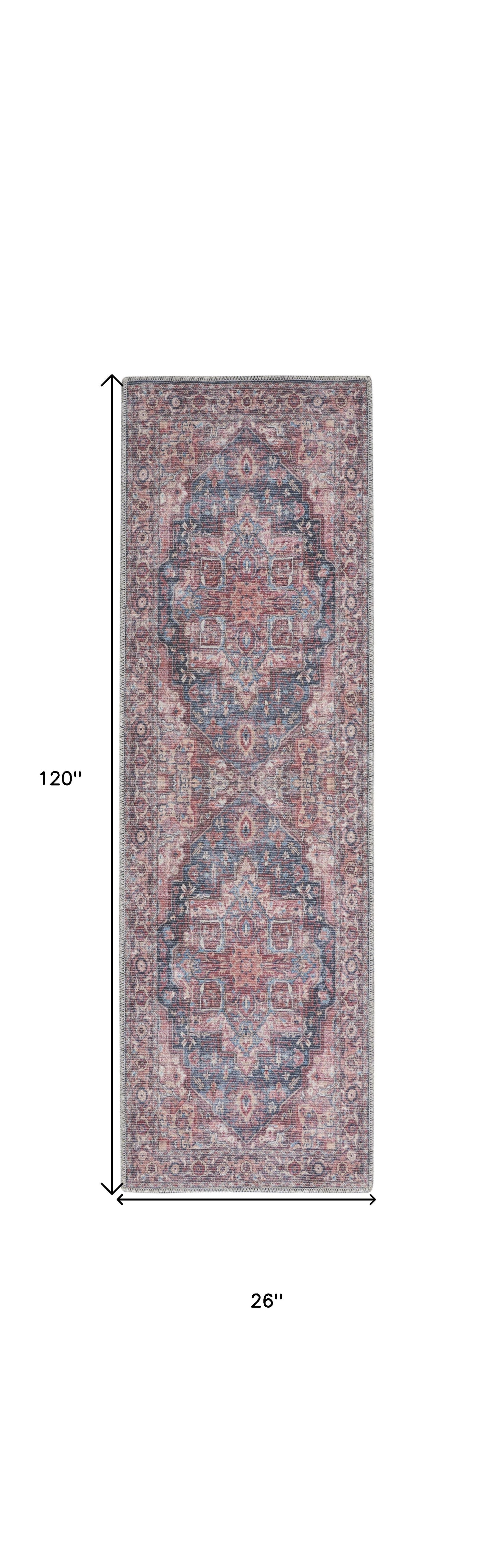 10' Red Floral Power Loom Distressed Washable Runner Rug