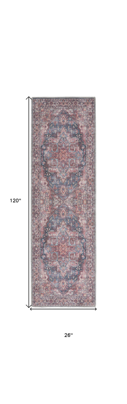 10' Red Floral Power Loom Distressed Washable Runner Rug