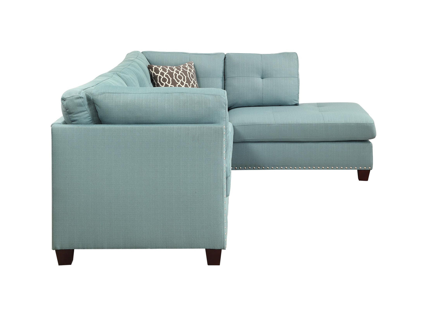 Teal Blue Linen L Shaped Three Piece Sofa and Chaise Sectional And Toss Pillows