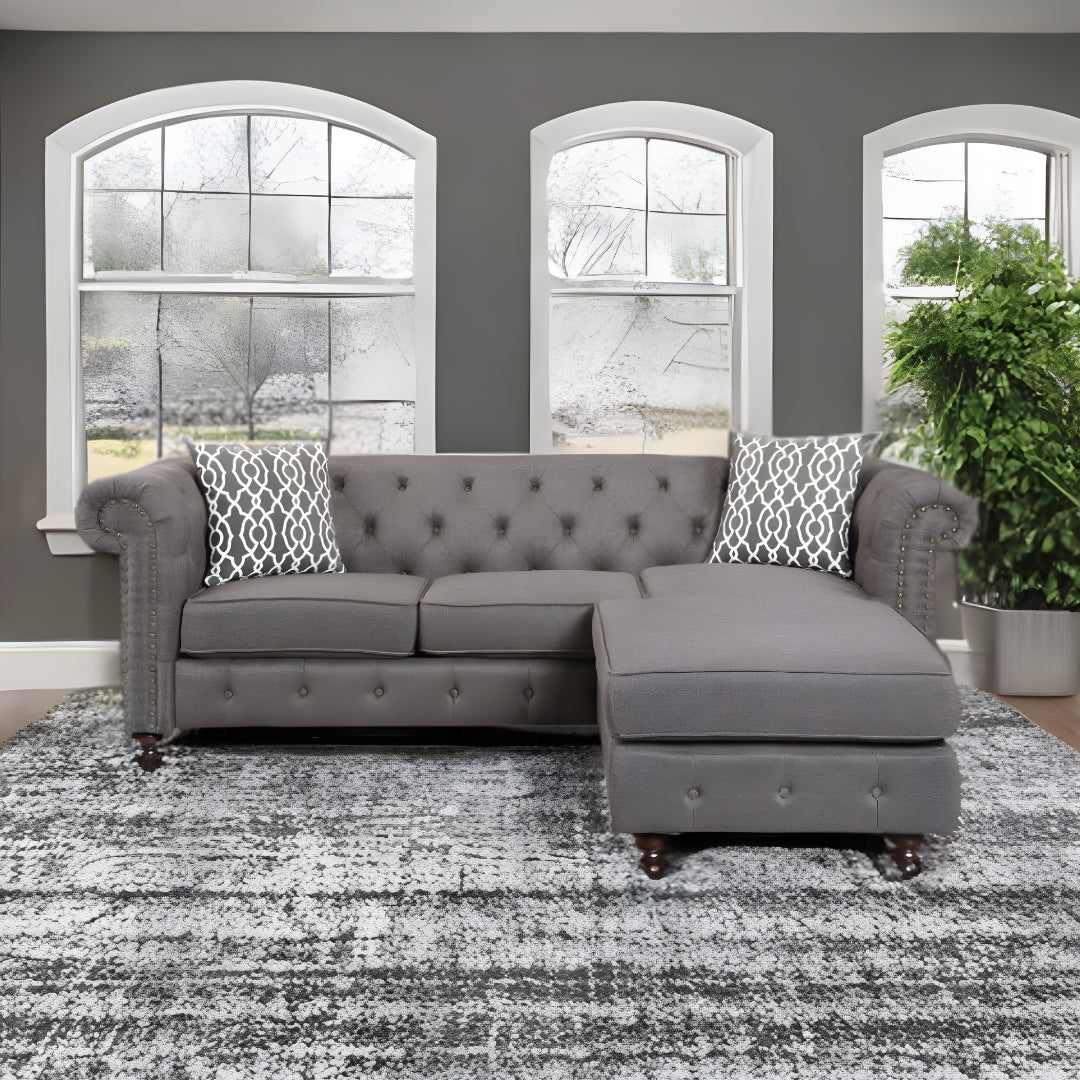 Brown Linen L Shaped Sofa and Chaise Sectional And Toss Pillows