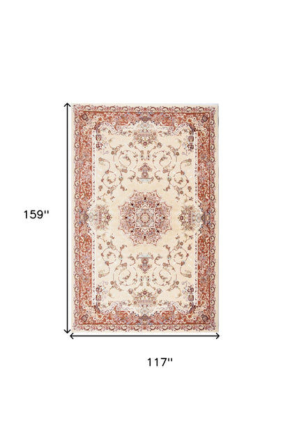 10' X 13' Red and Ivory Oriental Washable Non Skid Area Rug