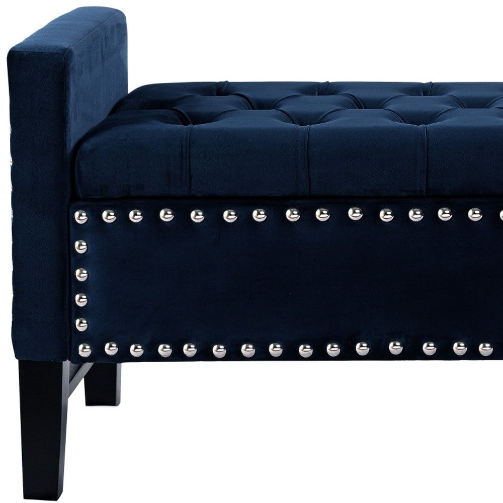 50" Navy Blue and Black Upholstered Velvet Bench with Flip top