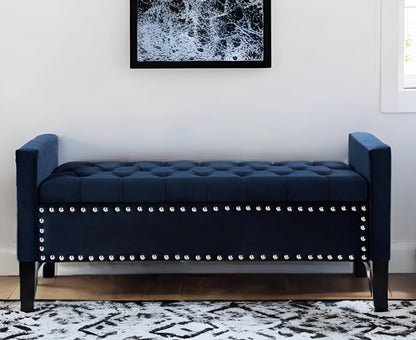 50" Navy Blue and Black Upholstered Velvet Bench with Flip top