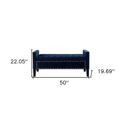 50" Navy Blue and Black Upholstered Velvet Bench with Flip top