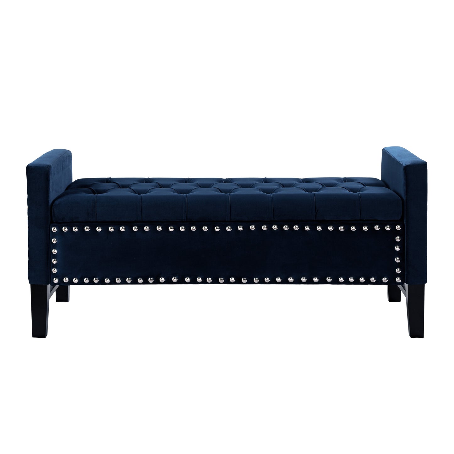 50" Navy Blue and Black Upholstered Velvet Bench with Flip top