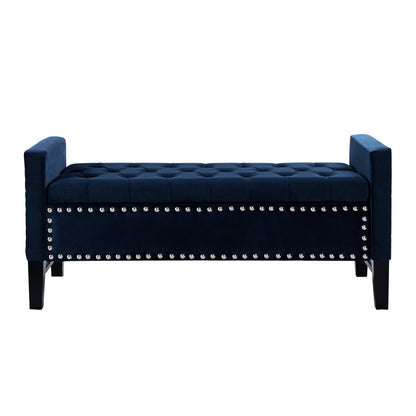 50" Navy Blue and Black Upholstered Velvet Bench with Flip top