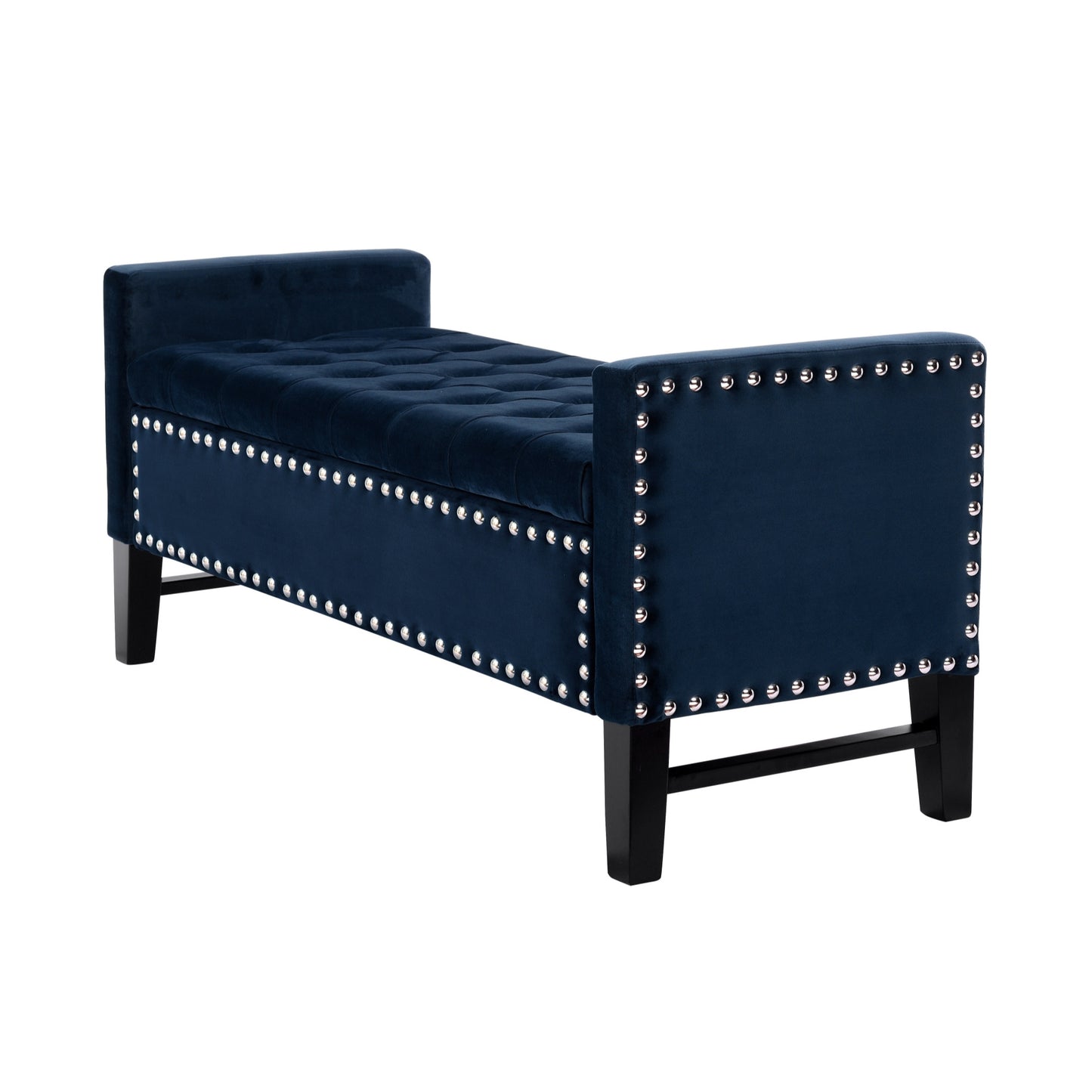 50" Navy Blue and Black Upholstered Velvet Bench with Flip top