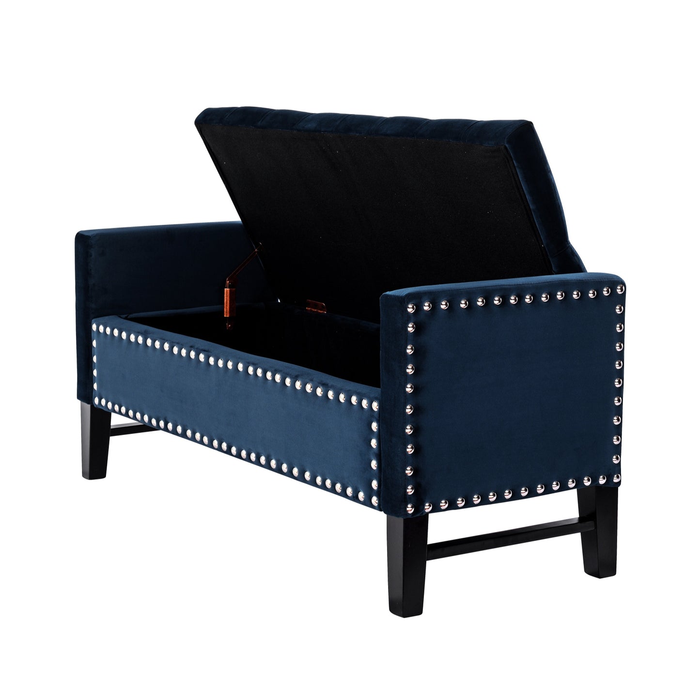 50" Navy Blue and Black Upholstered Velvet Bench with Flip top