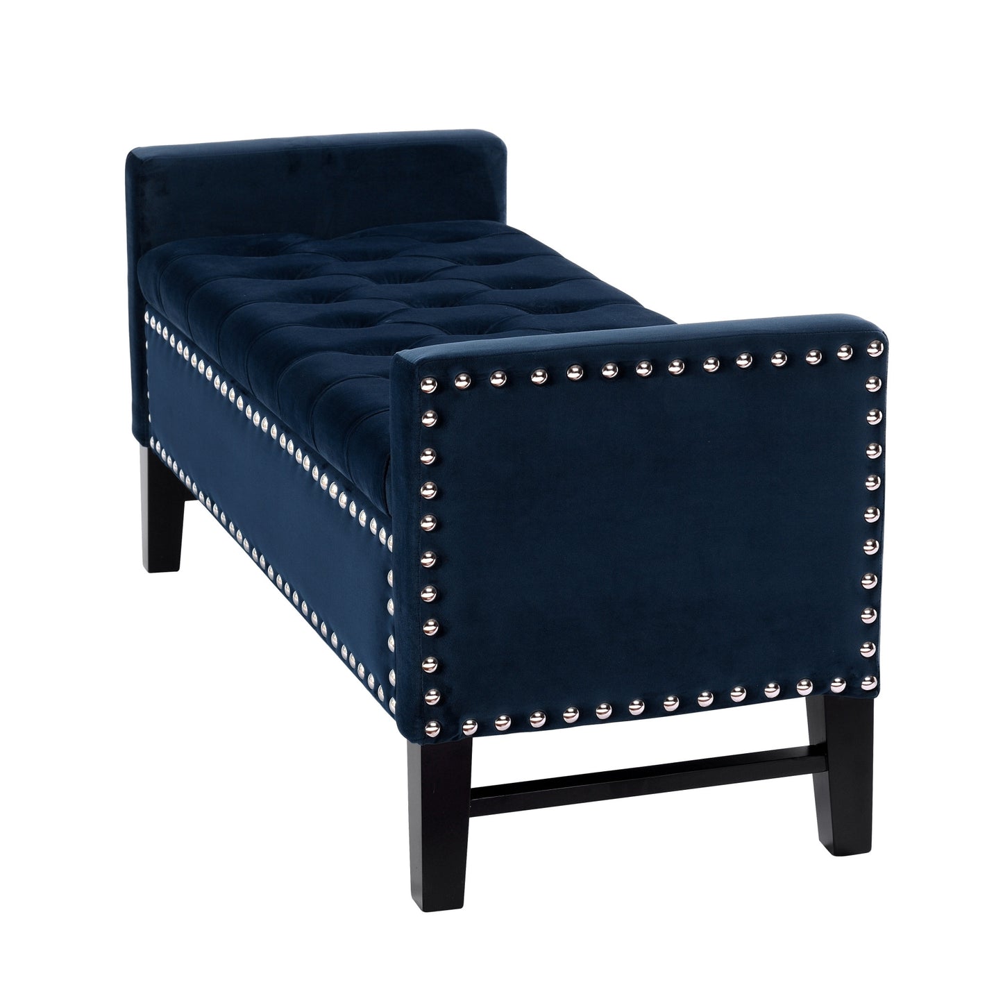 50" Navy Blue and Black Upholstered Velvet Bench with Flip top