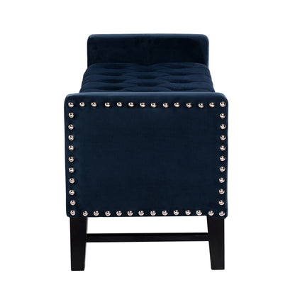 50" Navy Blue and Black Upholstered Velvet Bench with Flip top