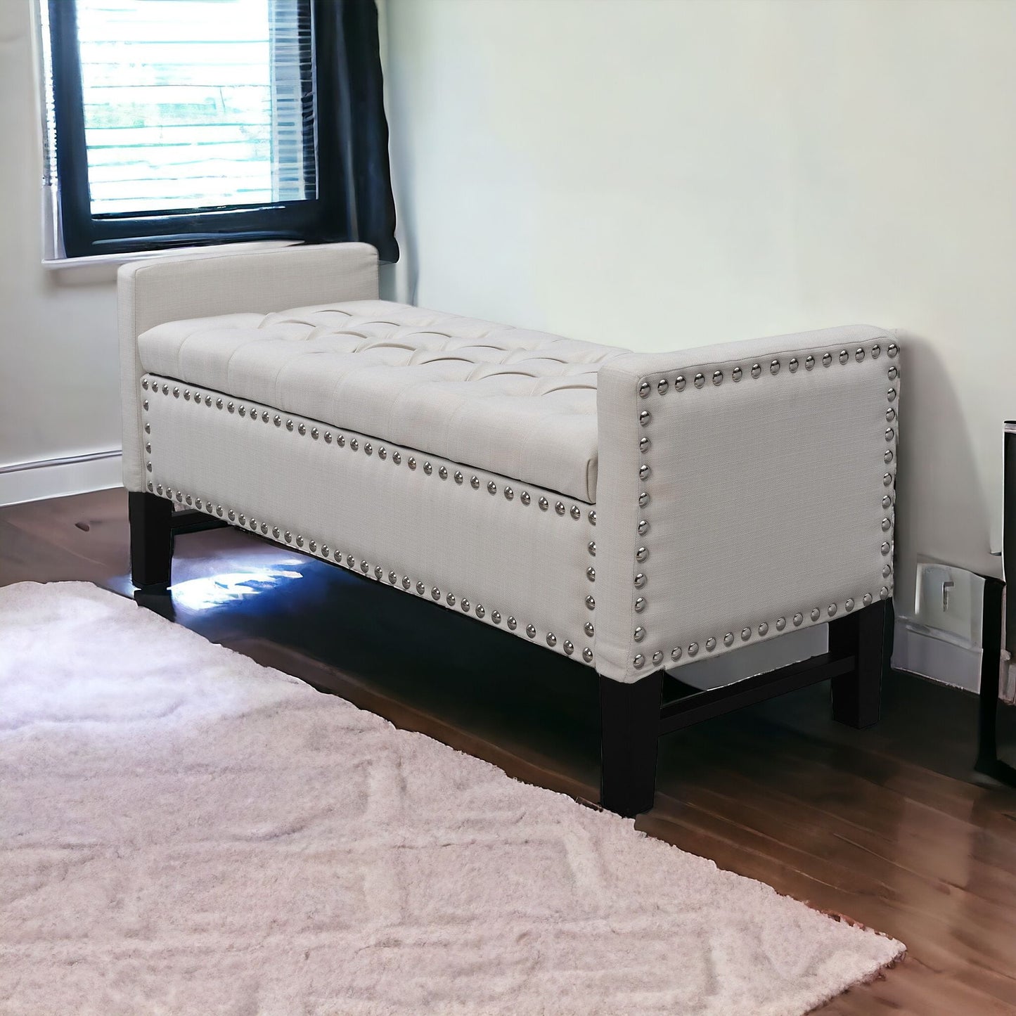 50" Navy Blue and Black Upholstered Velvet Bench with Flip top