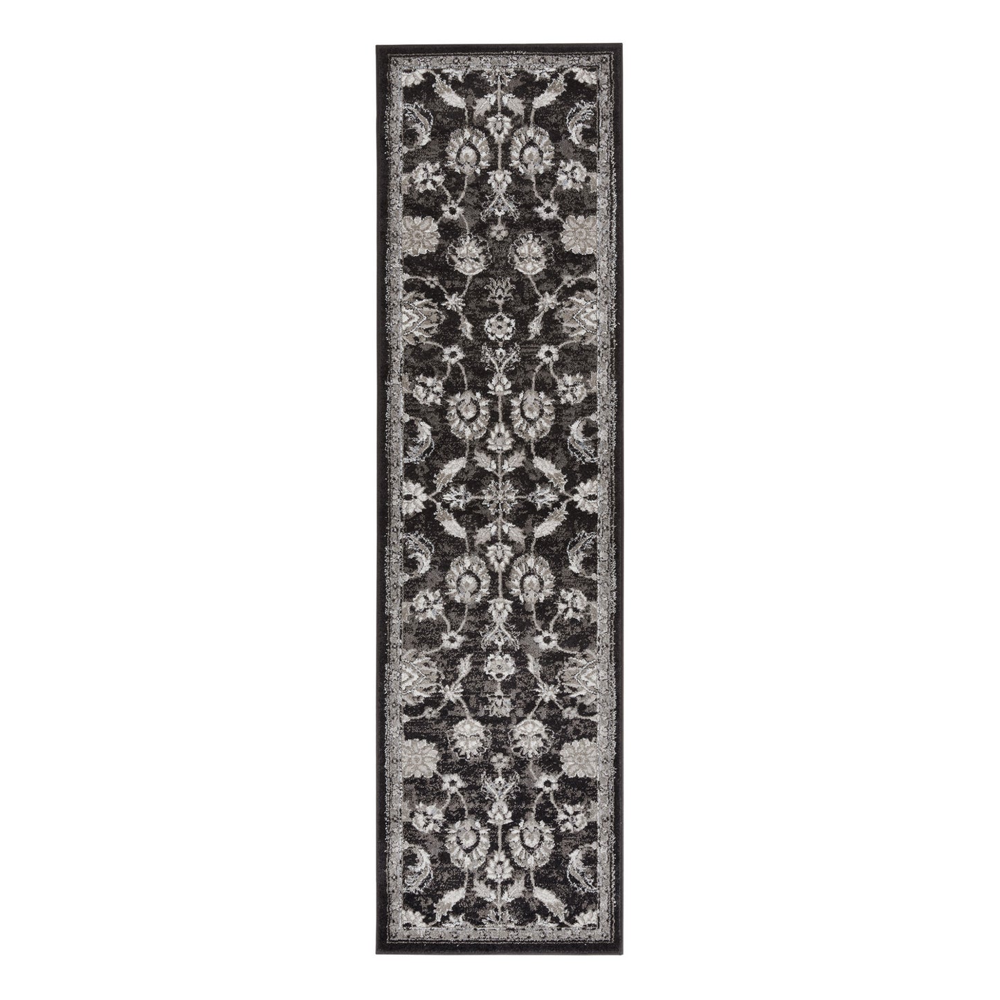 10' Black Floral Power Loom Runner Rug