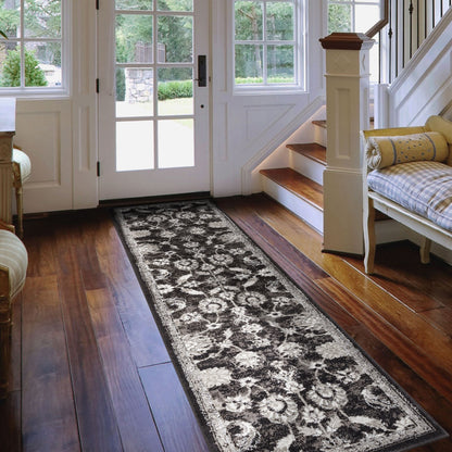 10' Black Floral Power Loom Runner Rug