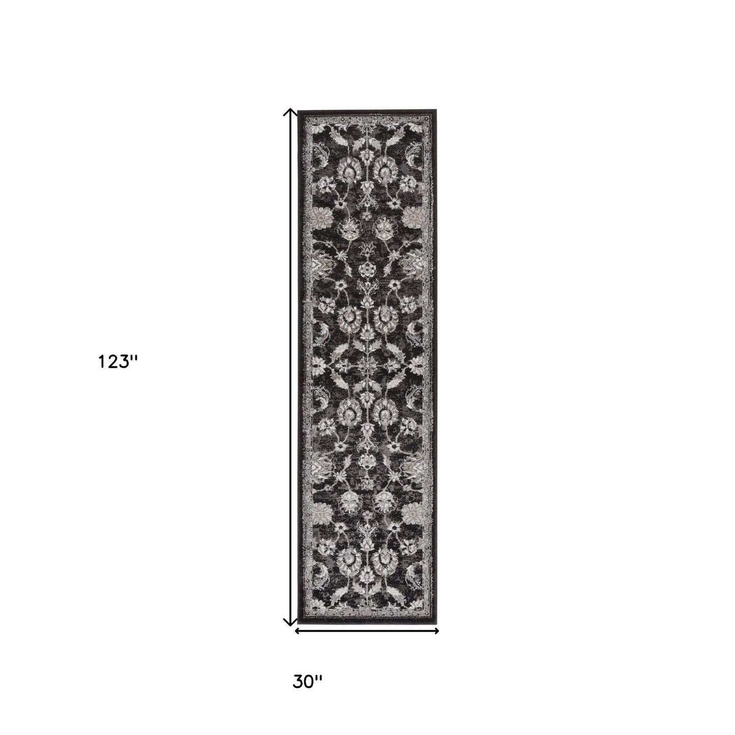 10' Black Floral Power Loom Runner Rug