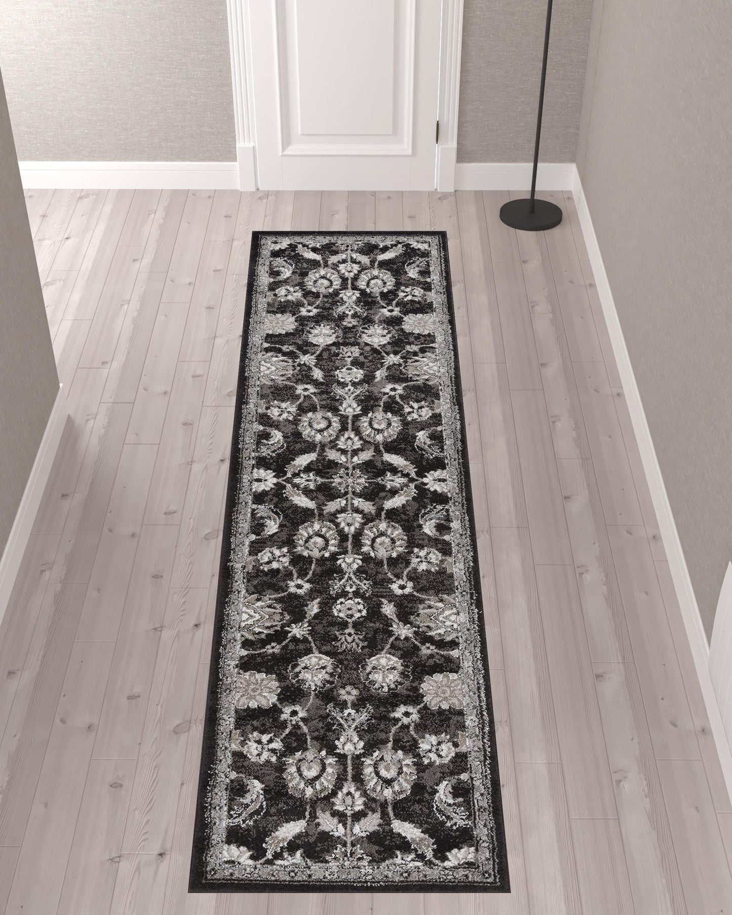 10' Black Floral Power Loom Runner Rug