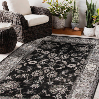 10' Black Floral Power Loom Runner Rug