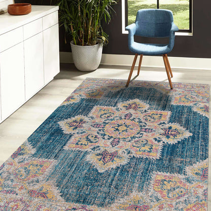 5' X 7' Teal Blue Medallion Power Loom Area Rug