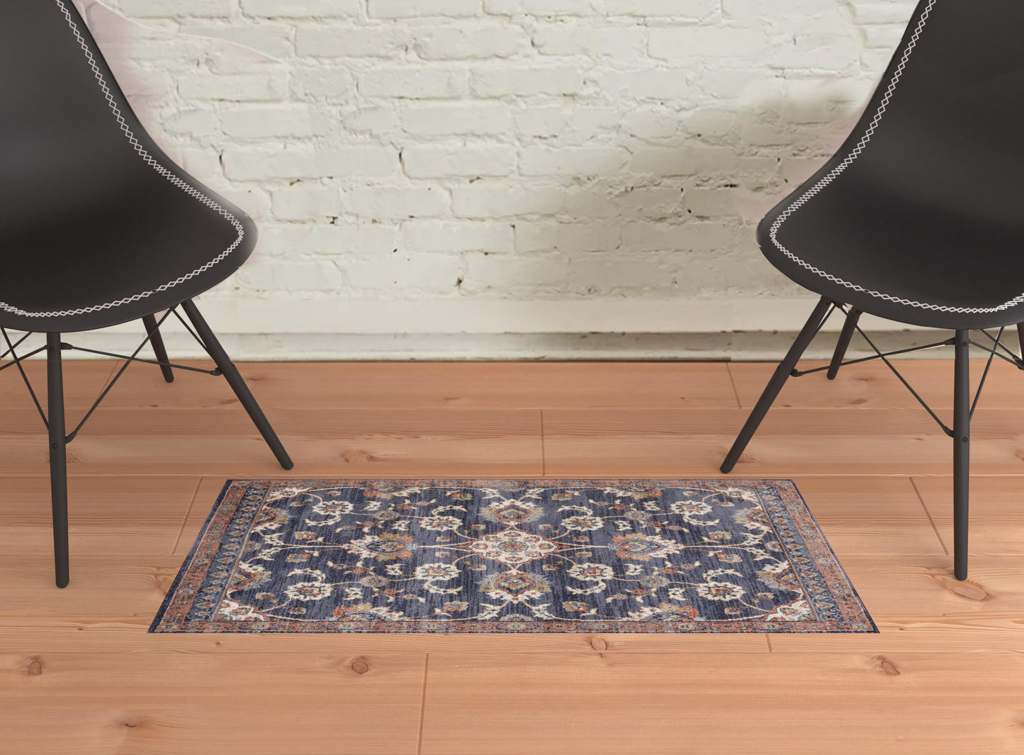 2' X 3' Navy Blue Floral Power Loom Area Rug With Fringe