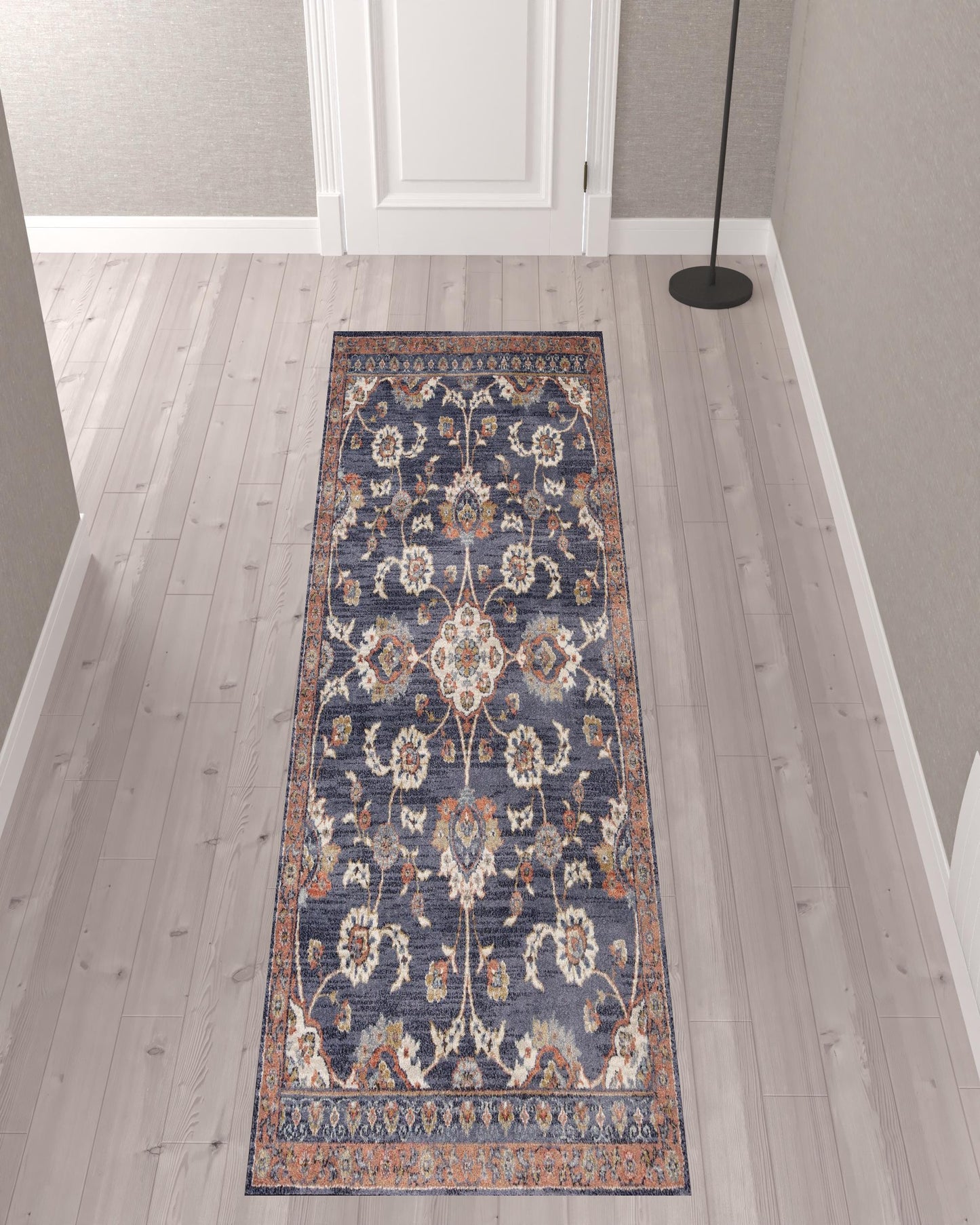 2' X 3' Navy Blue Floral Power Loom Area Rug With Fringe