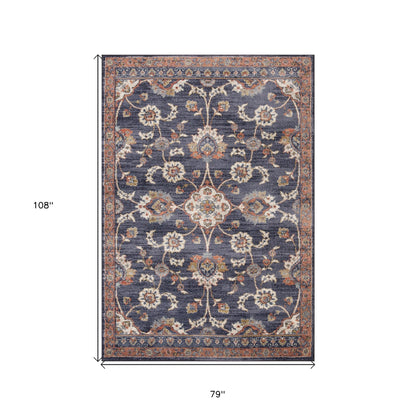 2' X 3' Navy Blue Floral Power Loom Area Rug With Fringe