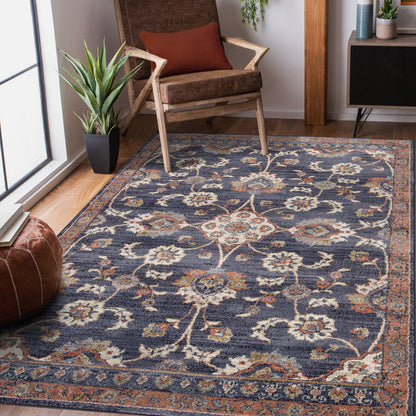 2' X 3' Navy Blue Floral Power Loom Area Rug With Fringe