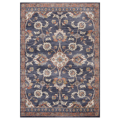 2' X 3' Navy Blue Floral Power Loom Area Rug With Fringe