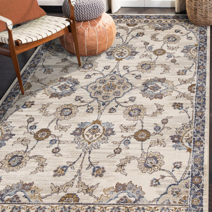 2' X 3' Navy Blue Floral Power Loom Area Rug With Fringe