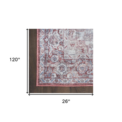 10' Red and Ivory Floral Power Loom Distressed Washable Runner Rug