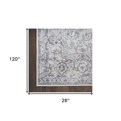 10' Gray and Ivory Floral Power Loom Distressed Washable Runner Rug