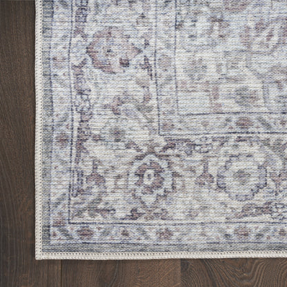 10' Gray and Ivory Floral Power Loom Distressed Washable Runner Rug