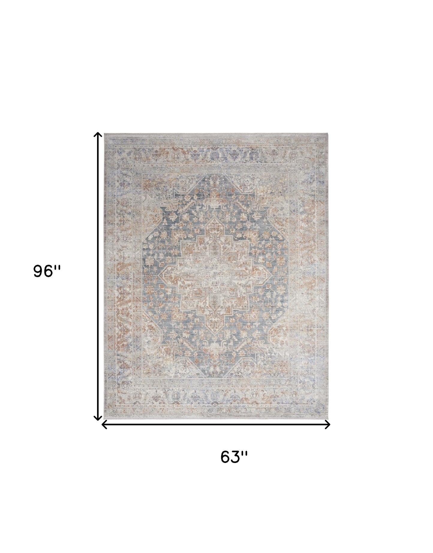 5' X 8' Ivory and Blue Oriental Power Loom Distressed Area Rug With Fringe