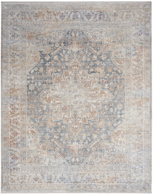 5' X 8' Ivory and Blue Oriental Power Loom Distressed Area Rug With Fringe