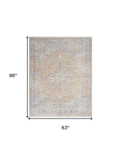 5' X 8' Gray and Gold Oriental Power Loom Distressed Area Rug With Fringe